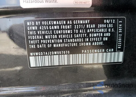 2013 Volkswagen Gti из США, поврежденный, VIN WVWGD7AJ2DW007070